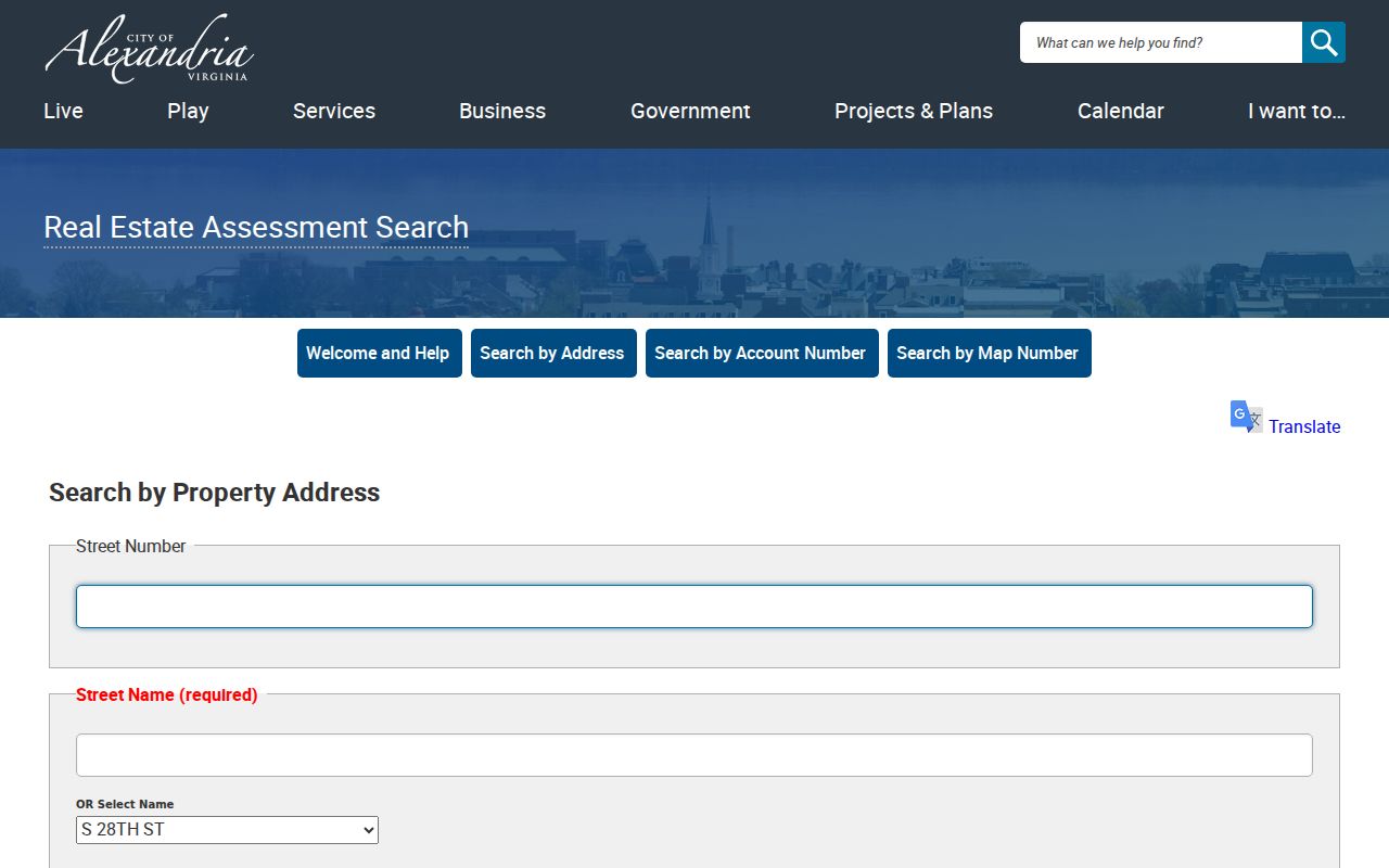 Alexandria street directory assessment address search form