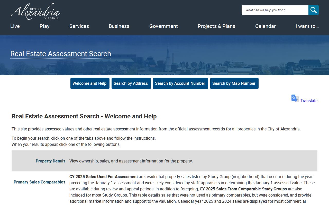 Alexandria residents directory assessment search showing address, account, and map-number options