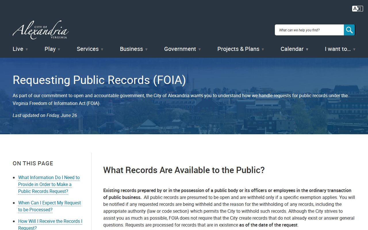 Alexandria residents directory FOIA request options from the City
