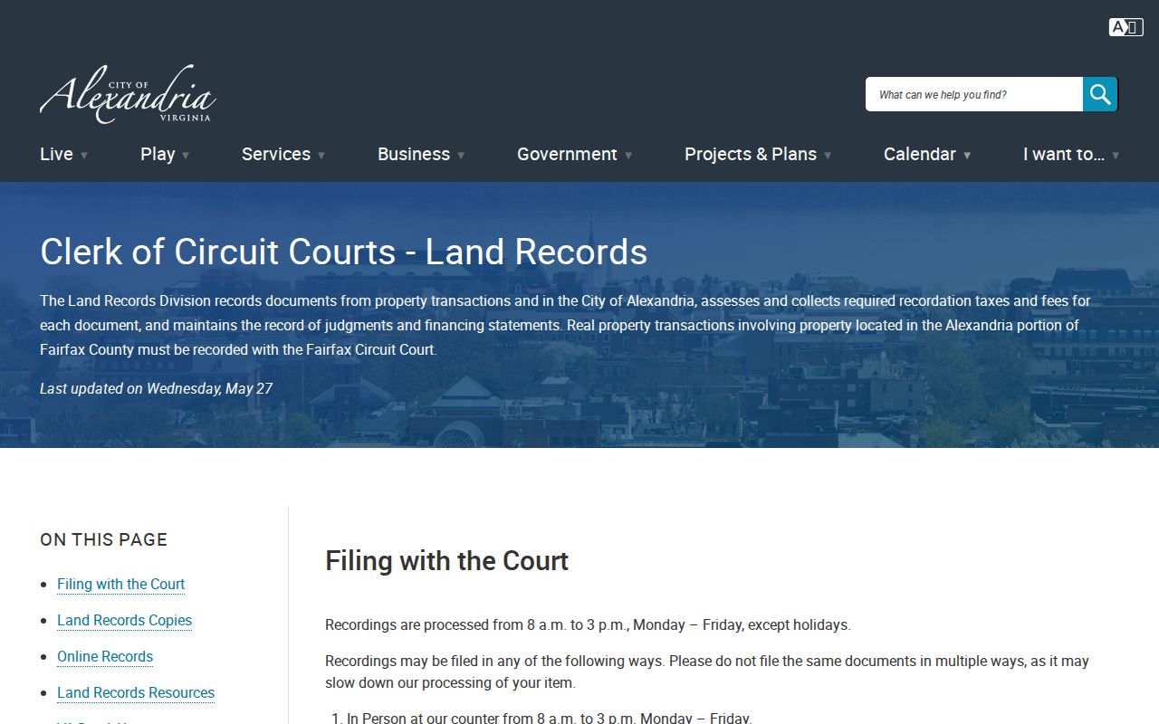 Alexandria street directory Clerk land records access page
