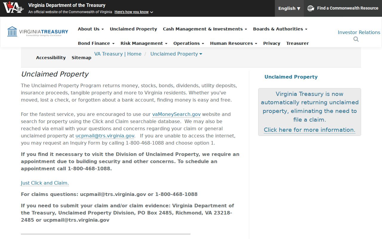 Alexandria residents directory reference to Virginia unclaimed-property name search