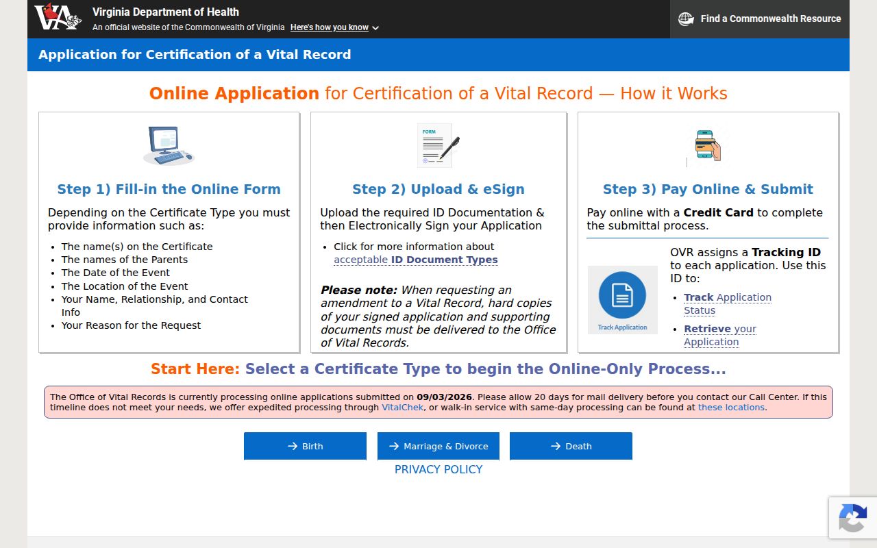 Alexandria resident lookup vital-record request in the Virginia online application